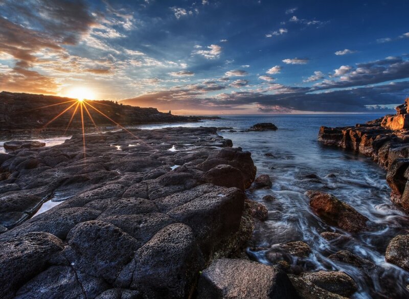 Rocky Coastline at Sunset — Blue, Dramatic, Photograph, Sun, Ocean