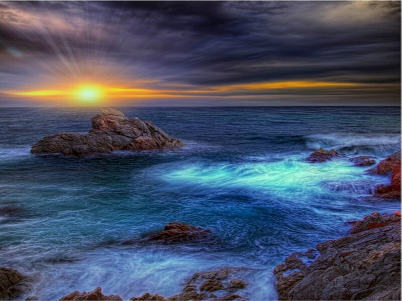 Rocky Coastline at Sunset — Blue, Dramatic, Photograph, Sun