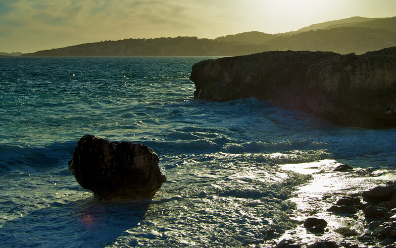 Rocky Coastline at Sunset — Blue, Dramatic, Photograph
