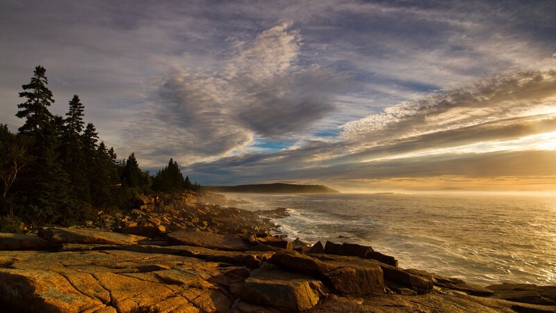 Rocky Coastline at Sunset — Blue, Dramatic, Photograph, Trees, Ocean