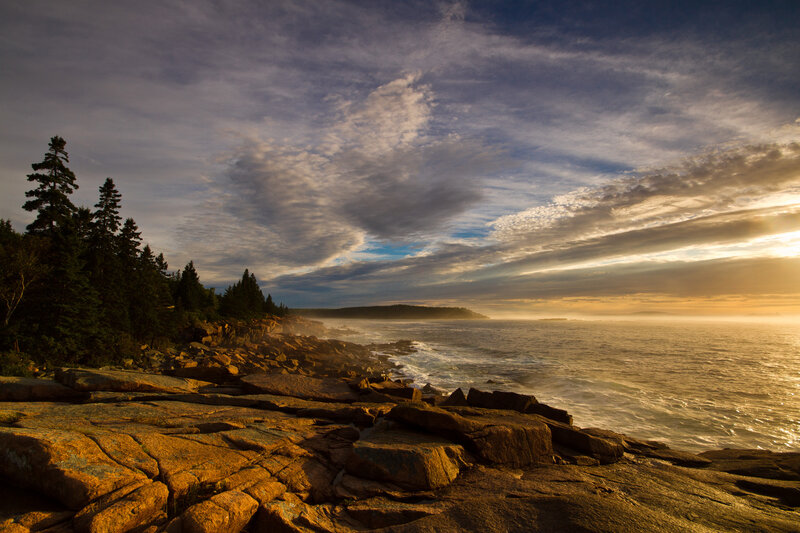 Rocky Coastline at Sunset — Blue, Dramatic, Photograph, Trees