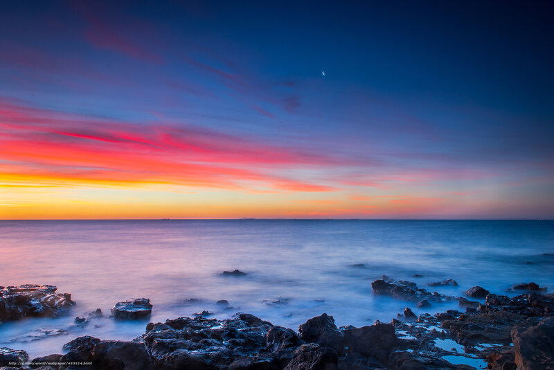 Rocky Coastline at Sunset — Blue, Serene, Photograph, Moon, Ocean