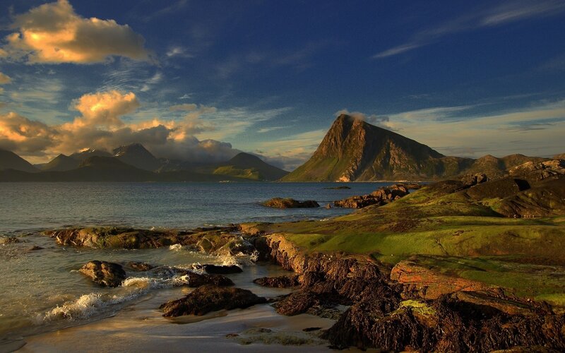 Rocky Coastline at Sunset — Blue, Serene, Photograph, Mountains, Sea