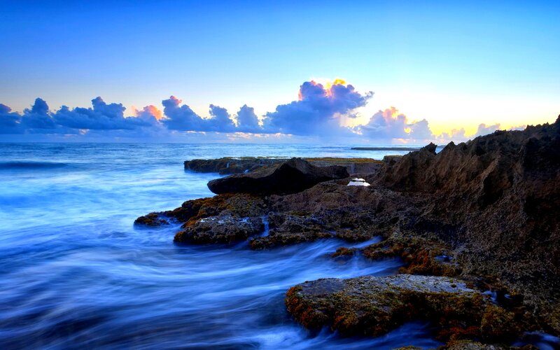 Rocky Coastline at Sunset — Blue, Serene, Photograph, Ocean, Clouds, Rocks