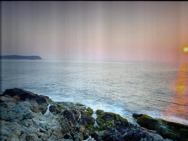 Rocky Coastline at Sunset — Blue, Serene, Photograph, Ocean, Island