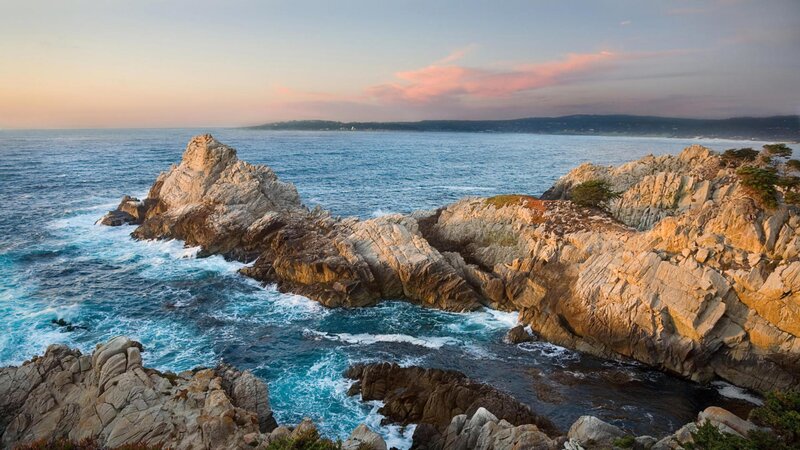 Rocky Coastline at Sunset — Blue, Serene, Photograph, Ocean, Rocks, Sky, Trees