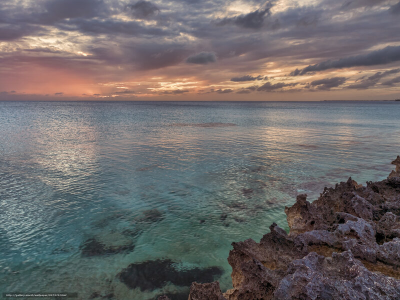 Rocky Coastline at Sunset — Blue, Serene, Photograph, Ocean, Sky, Clouds, Orange