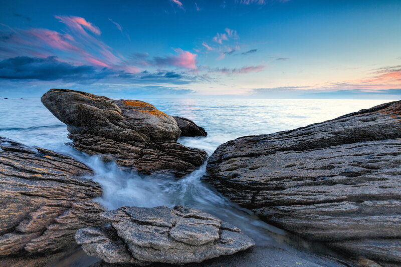 Rocky Coastline at Sunset — Blue, Serene, Photograph, Ocean, Sky, Clouds