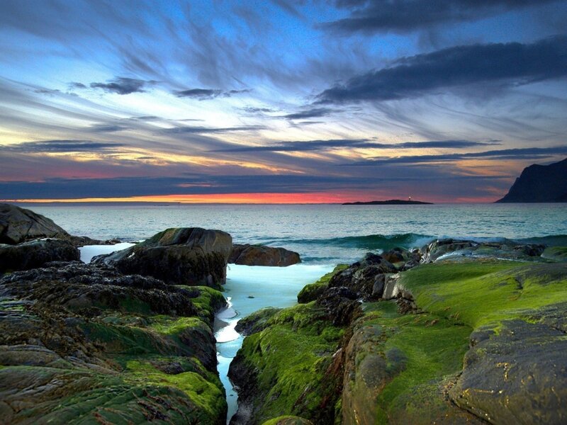 Rocky Coastline at Sunset — Blue, Serene, Photograph, Ocean, Sky