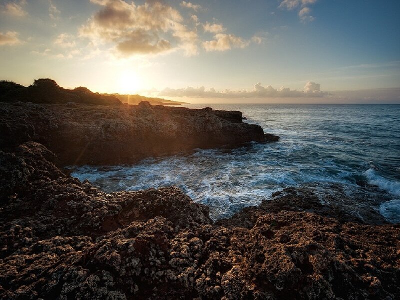 Rocky Coastline at Sunset — Blue, Serene, Photograph, Ocean, Sun