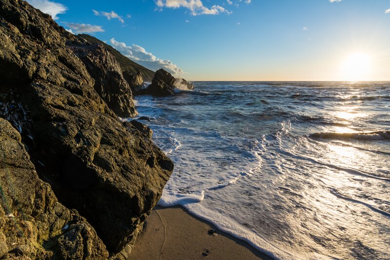 Rocky Coastline at Sunset — Blue, Serene, Photograph, Ocean, Waves
