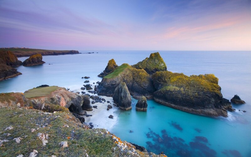 Rocky Coastline at Sunset — Blue, Serene, Photograph, Rocks, Ocean, Beach