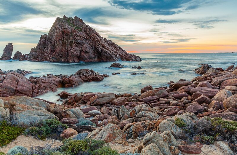 Rocky Coastline at Sunset — Blue, Serene, Photograph, Rocks, Ocean, Sky, Vegetation