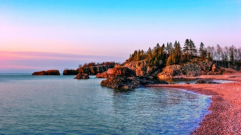 Rocky Coastline at Sunset — Blue, Serene, Photograph, Rocks, Trees, Beach
