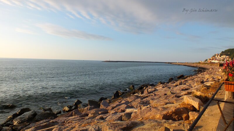 Rocky Coastline at Sunset — Blue, Serene, Photograph, Sea, Pier