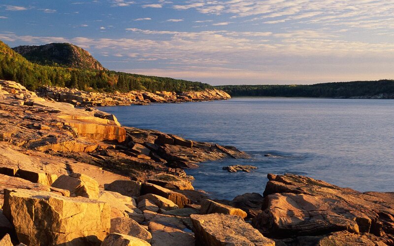Rocky Coastline at Sunset — Blue, Serene, Photograph, Sea, Trees