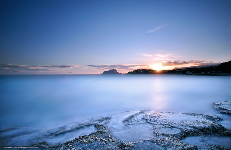 Rocky Coastline at Sunset — Blue, Serene, Photograph, Sun, Sea