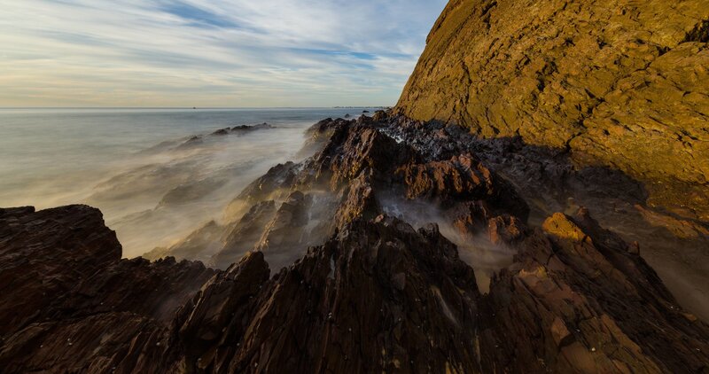 Rocky Coastline at Sunset — Brown, Dramatic, Photograph, Ocean, Sky