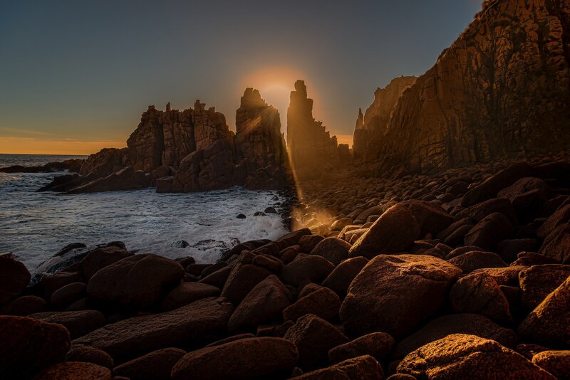 Rocky Coastline at Sunset — Brown, Dramatic, Photograph, Rocks