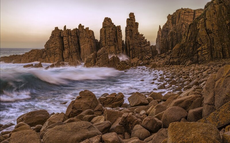 Rocky Coastline at Sunset — Brown, Dramatic, Photograph