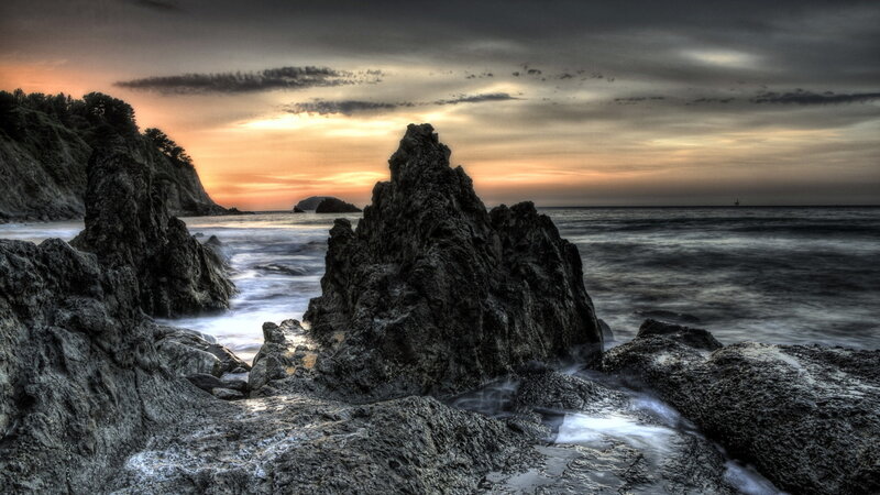 Rocky Coastline at Sunset — Gray, Dramatic, Photograph, Ocean, Cliffs