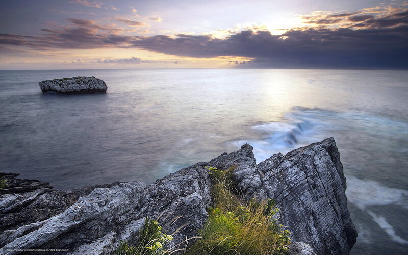 Rocky Coastline at Sunset — Gray, Dramatic, Photograph, Ocean, Clouds, Rocks