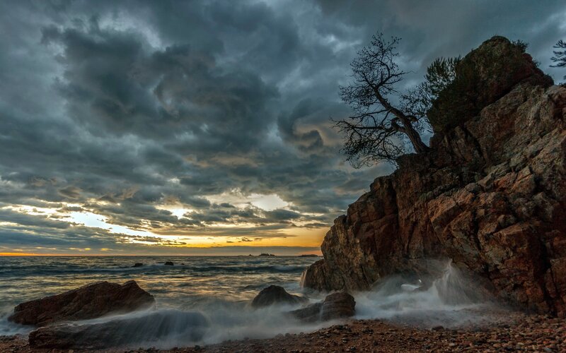 Rocky Coastline at Sunset — Gray, Dramatic, Photograph, Ocean, Clouds