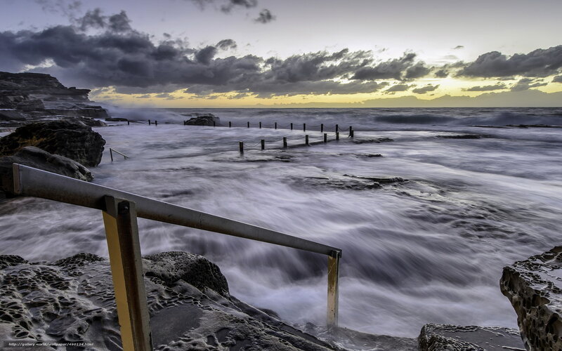 Rocky Coastline at Sunset — Gray, Dramatic, Photograph, Rocks, Ocean, Sky, Railing