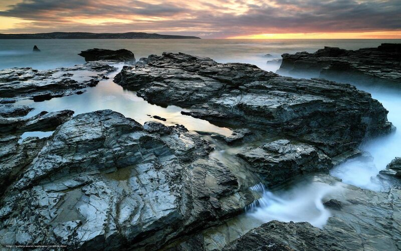 Rocky Coastline at Sunset — Gray, Dramatic, Photograph, Rocks, Ocean, Sky