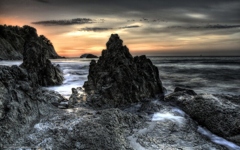 Rocky Coastline at Sunset — Gray, Dramatic, Photograph, Rocks, Ocean