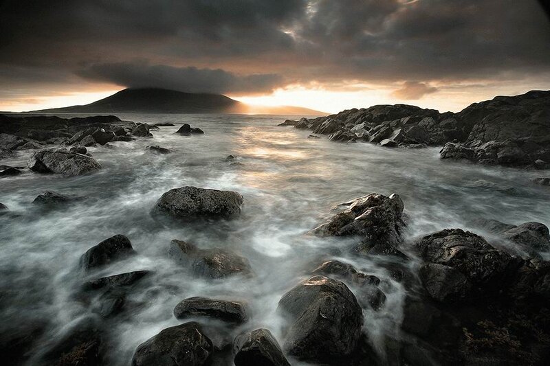 Rocky Coastline at Sunset — Gray, Dramatic, Photograph, Rocks, Sea, Clouds, Mountain