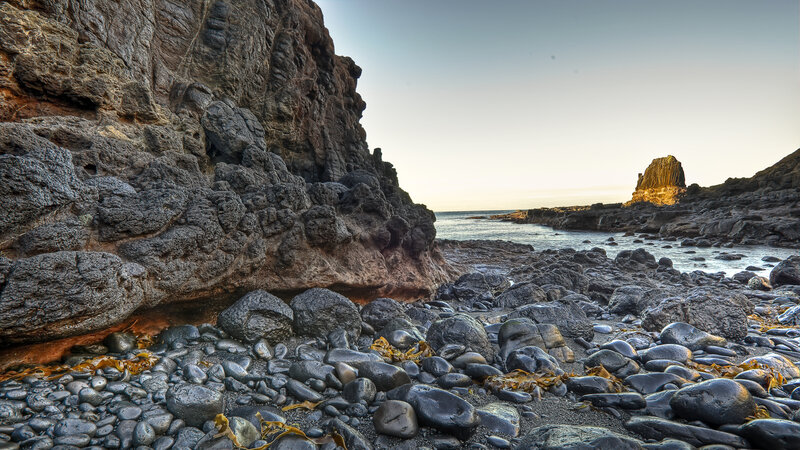 Rocky Coastline at Sunset — Gray, Serene, Photograph