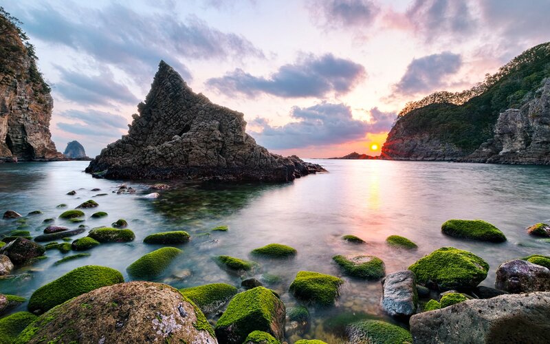 Rocky Coastline at Sunset — Green, Serene, Photograph, Rocks