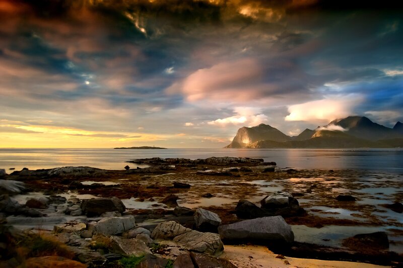 Rocky Coastline at Sunset — Orange, Dramatic, Photograph, Mountains, Sea, Clouds