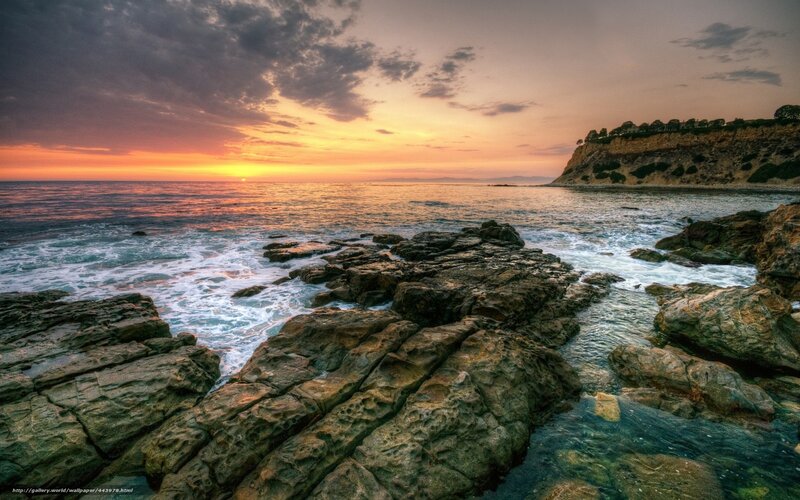 Rocky Coastline at Sunset — Orange, Dramatic, Photograph, Ocean, Cliff, Clouds