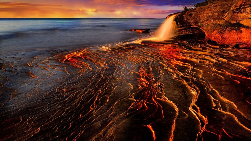 Rocky Coastline at Sunset — Orange, Dramatic, Photograph, Ocean, Cliff, Sky