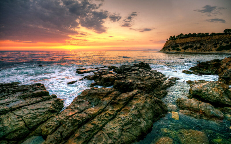 Rocky Coastline at Sunset — Orange, Dramatic, Photograph, Ocean, Cliff