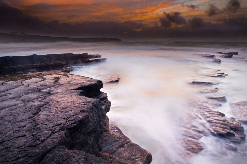 Rocky Coastline at Sunset — Orange, Dramatic, Photograph, Ocean, Clouds, Cliffs