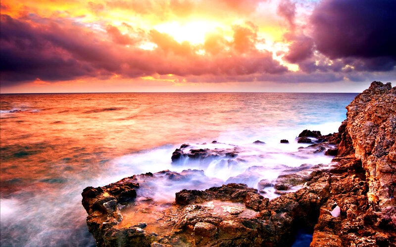 Rocky Coastline at Sunset — Orange, Dramatic, Photograph, Ocean, Clouds, Rocks