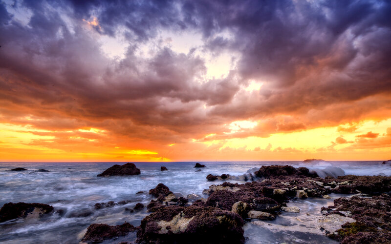 Rocky Coastline at Sunset — Orange, Dramatic, Photograph, Ocean, Clouds