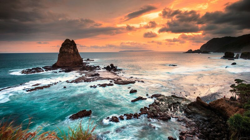 Rocky Coastline at Sunset — Orange, Dramatic, Photograph, Ocean, Rocks, Clouds