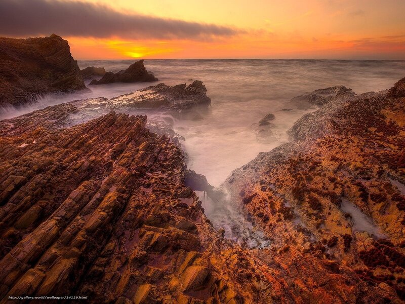 Rocky Coastline at Sunset — Orange, Dramatic, Photograph, Ocean, Rocks, Sky