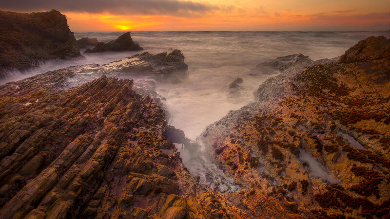 Rocky Coastline at Sunset — Orange, Dramatic, Photograph, Ocean, Rocks