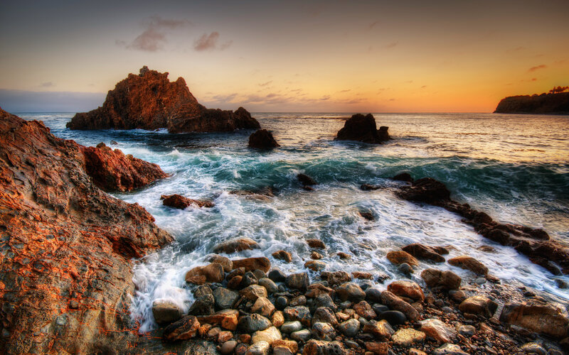 Rocky Coastline at Sunset — Orange, Dramatic, Photograph, Ocean, Rocks, Waves