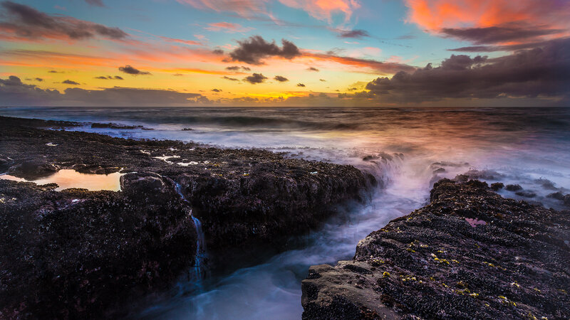 Rocky Coastline at Sunset — Orange, Dramatic, Photograph, Ocean, Sky, Clouds