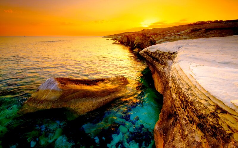 Rocky Coastline at Sunset — Orange, Dramatic, Photograph, Ocean, Sky, Rocks