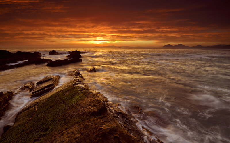 Rocky Coastline at Sunset — Orange, Dramatic, Photograph, Ocean, Sky