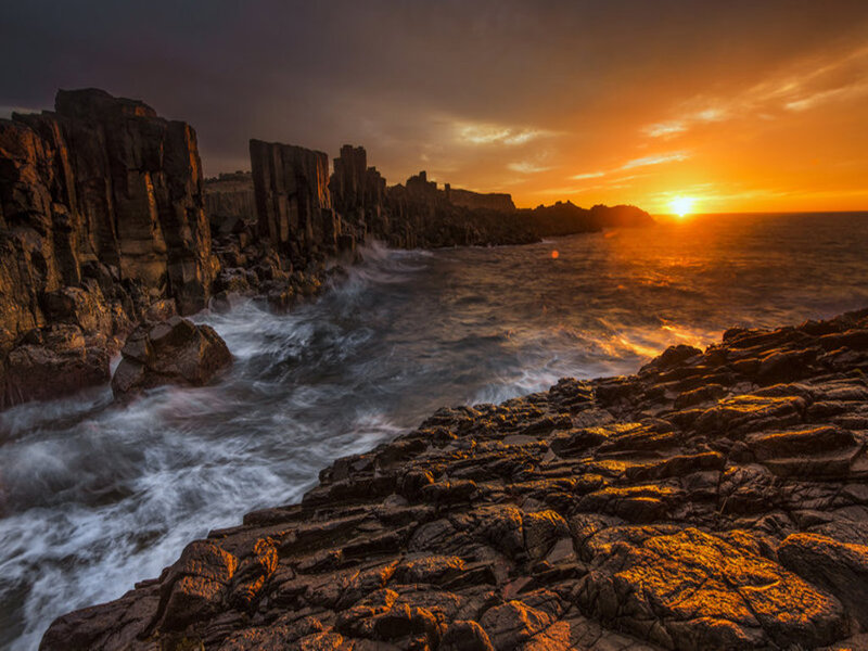 Rocky Coastline at Sunset — Orange, Dramatic, Photograph, Ocean, Sun