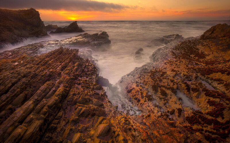 Rocky Coastline at Sunset — Orange, Dramatic, Photograph, Ocean