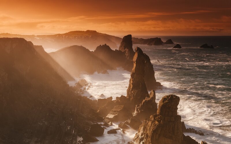 Rocky Coastline at Sunset — Orange, Dramatic, Photograph, Ocean, Waves, Cliffs